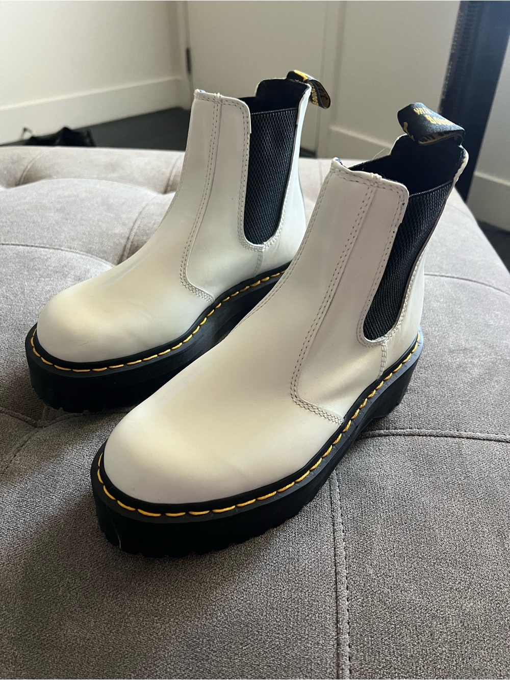 Dr. Martens White Chelsea Lug Boots with Black Elastic & Yellow Stitching